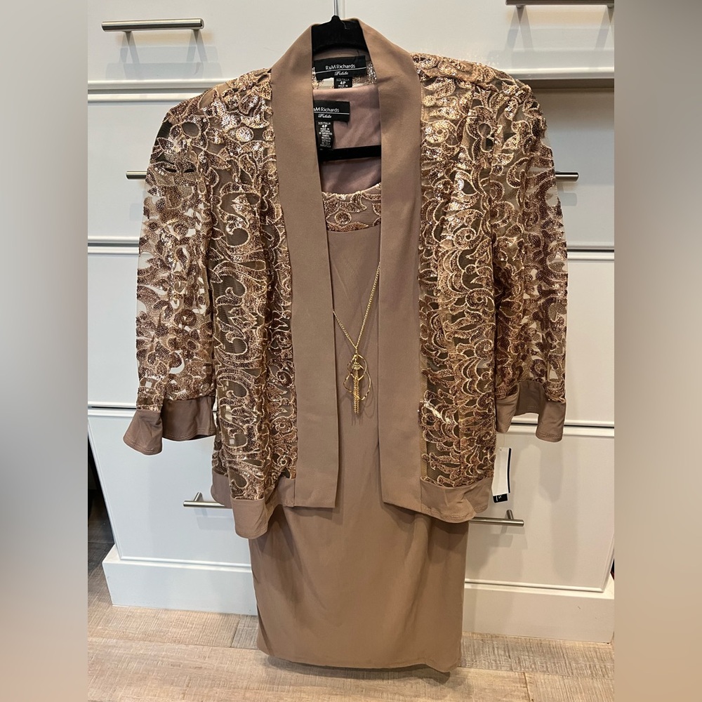 R&M Richards Taupe Lace Dress and Jacket Set